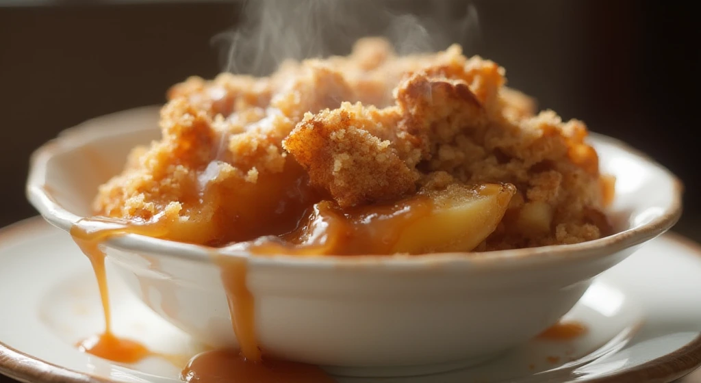 Side view of a warm, freshly baked apple crisp served in a white bowl. The layers of the dessert are clearly visible, with tender apple slices coated in a glistening cinnamon-sugar sauce at the bottom, topped with a golden, buttery oat crumble. The crumble is slightly uneven, adding a rustic homemade feel, with some bits of the caramelized apples peeking through the crispy topping. A small drizzle of caramel sauce trickles down the side, adding a rich and glossy touch. The steam rising from the bowl emphasizes its warmth, making it look extra cozy and inviting, perfect for a chilly day.