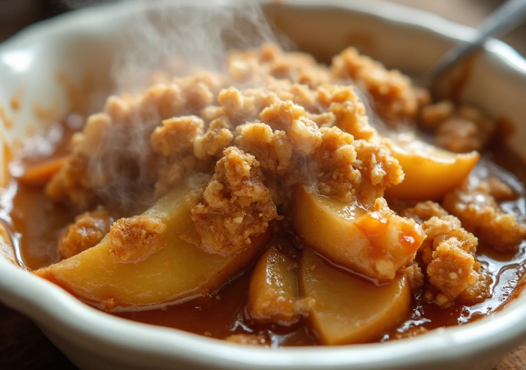 Side view of a warm, freshly baked apple crisp served in a white bowl. The layers of the dessert are clearly visible, with tender apple slices coated in a glistening cinnamon-sugar sauce at the bottom, topped with a golden, buttery oat crumble. The crumble is slightly uneven, adding a rustic homemade feel, with some bits of the caramelized apples peeking through the crispy topping. A small drizzle of caramel sauce trickles down the side, adding a rich and glossy touch. The steam rising from the bowl emphasizes its warmth, making it look extra cozy and inviting, perfect for a chilly day.