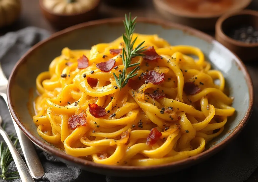 A delicious plate of creamy pumpkin pasta, made with perfectly cooked linguine, coated in a rich pumpkin sauce. The sauce has a smooth, velvety texture, with flecks of black pepper and crispy bacon pieces throughout. Fresh rosemary is sprinkled on top, adding a fragrant touch, while the bacon gives a smoky, savory flavor. The pasta is served in a rustic ceramic bowl, and the dish is surrounded by a warm, inviting atmosphere. Silverware rests beside the plate, along with a bowl of cracked black pepper, adding to the cozy, homestyle meal presentation.